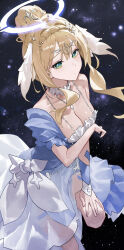 1girl absurdres blonde_hair blue_dress breasts cleavage commentary dress halo head_wings highres jewelry korean_commentary long_sidelocks looking_at_viewer mac_star medium_breasts necklace original short_hair_with_long_locks sidelocks solo white_halo white_wings wings