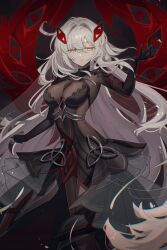 Rule 34 | 1girl, black dress, bodystocking, breasts, cowlick, detached sleeves, dress, expressionless, eye hair ornament, eye symbol, eyes on wings, frilled dress, frills, genshin impact, hair between eyes, hair intakes, hair ornament, highres, long hair, looking at viewer, medium breasts, ronova (genshin impact), side ahoge, solo, suwa (swk kkk), symbol-shaped pupils, very long hair, white hair, wings, yellow eyes