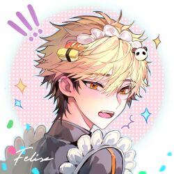 ! !! 1boy alternate_costume apron black_hair black_shirt blonde_hair blush character_name chinese_commentary confetti crossdressing crossdressing_(mtf) ear_piercing earrings enmaided fangs frills from_behind hair_between_eyes hair_ornament highres jewelry looking_at_viewer looking_back maid maid_apron maid_headdress male_focus male_maid multicolored_hair open_mouth orange_eyes piercing polka_dot polka_dot_background portrait shiguang_dailiren shirt short_hair solo sparkle sweatdrop teeth turtleneck two-tone_hair upper_body white_apron white_background xia_fei yi_ke_si_qsi_mi