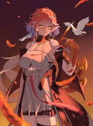 1girl bare_shoulders bird braid breasts changli_(wuthering_waves) cleavage dress feathers gloves hair_ornament highres hongye large_breasts long_hair looking_at_viewer red_hair single_thighhigh smile solo tacet_mark_(wuthering_waves) thighhighs twin_braids white_dress wuthering_waves yellow_eyes