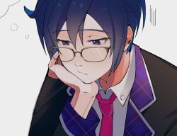 1boy bespectacled black-framed_eyewear black_jacket blue_eyes blue_hair bqcrop closed_mouth collared_shirt double-parted_bangs earrings glasses hair_between_eyes hand_on_own_face head_rest highres jacket jewelry kaito_(vocaloid) lapels leo/need_kaito long_sleeves male_focus necktie notched_lapels open_clothes open_jacket piercing pink_necktie plaid_lapels project_sekai shirt sleeve_cuffs solo speech_bubble upper_body white_background white_shirt wing_collar