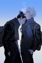 Rule 34 | 2boys, backpack, bag, black hair, blue eyes, blue theme, breath, cold, cowboy shot, earrings, expressionless, fringe trim, getou suguru, gojou satoru, grey scarf, hair bun, hair slicked back, hand in pocket, highres, holding hands, jewelry, jujutsu kaisen, jujutsu tech uniform, leaning on person, male focus, multiple boys, muted color, ntyk no, plaid clothes, plaid scarf, scarf, short hair, spiked hair, stud earrings, white hair