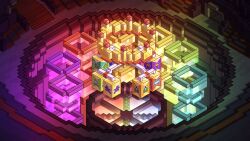 absurdres architecture arena block_(minecraft) colorful commentary decision_dome english_commentary esports glowing highres in-universe_location isometric kt_(swiftlyswan) mc_championship minecraft minecraft_youtube no_humans official_style scenery wheel