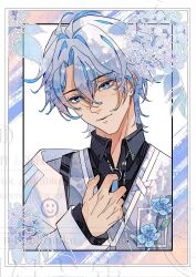 1boy alternate_costume antenna_hair black_shirt blue_eyes blue_vest border collared_shirt commentary english_commentary highres honkai:_star_rail honkai_(series) jacket long_sleeves looking_at_viewer luocao0905 male_focus open_clothes open_jacket phainon_(honkai:_star_rail) shirt short_hair solo vest watermark white_border white_hair white_jacket