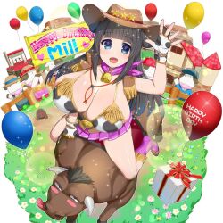 1girl animal_print balloon bell bikini bikini_top_only black_hair blue_eyes boots box breasts cow cow_girl cow_horns cow_print cow_print_bikini cowboy_hat cowboy_western cowgirl_(western) epaulettes fringe_trim gift gift_box hat horns inappropriate_animal kusaka_souji large_breasts long_hair miru_holstein neck_bell print_bikini purple_boots purple_skirt sheriff_badge skirt sparkle swimsuit uchi_no_hime-sama_ga_ichiban_kawaii waving