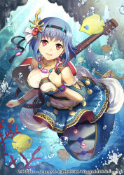 1girl air_bubble blue_hair bubble character_request copyright_notice coral fish guitar hair_ornament instrument mermaid miniskirt monster_girl official_art pleated_skirt red_eyes ronce short_hair skirt solo underwater z/x