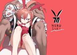 1boy 1girl :/ ahoge animal_ears bandaid bandaid_on_foot blue_archive braid commentary_request fake_animal_ears flat_chest hageashi hand_on_another&#039;s_head highres huge_ahoge jacket leotard looking_at_viewer neru_(blue_archive) neru_(bunny)_(blue_archive) open_clothes open_jacket playboy_bunny rabbit_ears red_eyes red_hair red_leotard sensei_(blue_archive) short_hair side_braid sitting sukajan v