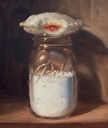 bread commentary english_commentary food food_focus highres jam jar milk no_humans noah_verrier oil_painting_(medium) original painting_(medium) sandwich still_life traditional_media