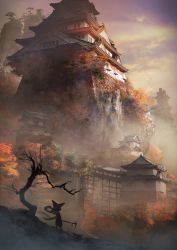 1girl absurdres architecture autumn_leaves bare_tree building castle commentary_request couldoh east_asian_architecture fog hagoromo hat highres hoe japanese_clothes kimono leaf mountain outdoors pagoda railing red_kimono rice_hat sakuna-hime scenery shawl sky solo tensui_no_sakuna-hime tree