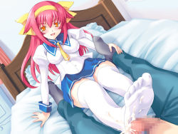 1boy 1girl bed blush censored cum feet footjob game_cg hair_ribbon hairband hetero kamina_sana miniskirt mutsumi_masato necktie orange_eyes panties pantyshot penis pink_hair ribbon school_uniform shimaima. sitting skirt thighhighs toes underwear white_panties white_thighhighs yuuki_asuma