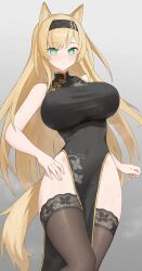 Rule 34 | 1girl, allen.n, alternate costume, animal ear fluff, animal ears, aqua eyes, arknights, black dress, black hairband, blonde hair, breasts, brown thighhighs, china dress, chinese clothes, commentary, commission, covered navel, dress, floral print, gradient background, hairband, highres, horn (arknights), lace, lace-trimmed thighhighs, lace trim, large breasts, long hair, looking at viewer, pelvic curtain, skeb commission, solo, tail, thighhighs, wolf ears, wolf girl, wolf tail, yellow trim