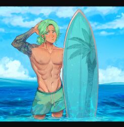 1boy abs arm_up caustics cloud cloudy_sky contrapposto cove_holden cowboy_shot day green_hair green_shorts hair_bun hand_on_own_head highres horizon light_particles littlejennared male_focus medium_hair no_shirt ocean our_life our_life:_beginnings_and_always outdoors palm_tree palm_tree_print partially_submerged pectorals shorts sidelocks sky solo tattoo tattoo_sleeve toned toned_male tree wavy_hair