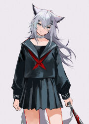 1girl alternate_costume animal_ears arknights black_sailor_collar black_serafuku black_shirt black_skirt blood bloody_weapon blouse choker collarbone commentary_request cowboy_shot grey_background grey_choker grey_eyes grey_hair grey_tail hair_between_eyes hair_ornament hairclip head_tilt highres holding holding_weapon lappland_(arknights) light_smile long_hair long_sleeves looking_at_viewer neckerchief pleated_skirt red_neckerchief s_4ik4 sailor_collar school_uniform serafuku shirt simple_background skirt solo standing tail weapon wolf_ears wolf_girl wolf_tail