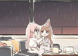 2girls bang_dream! bang_dream!_it&#039;s_mygo!!!!! blue_eyes brown_hair cake chihaya_anon commentary couch dress food glasses hat highres holding holding_plate hood hood_down hooded_jacket indoors jacket kneeling long_hair lyy multiple_girls nagasaki_soyo open_mouth pajamas party_hat pink_hair plate rain sitting white_dress white_jacket yuri