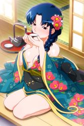 1girl alternate_costume blue_eyes blue_hair braid breasts drinking floral_print flower fujiwara_aya hair_flower hair_ornament hair_over_shoulder holding holding_saucer indoors japanese_clothes kimono long_hair long_sleeves off_shoulder official_art photoshop_(medium) pot saucer seiza sitting sliding_doors solo super_real_mahjong tanaka_ryou tatami wide_sleeves