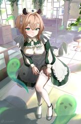 Rule 34 | 1girl, absurdres, animal ears, apron, blonde hair, closed mouth, dress, garter straps, ghost, green dress, green eyes, hair between eyes, hat, highres, indie virtual youtuber, indoors, looking at viewer, lucien tube, medium hair, naplings (nimi nightmare), nimi nightmare, nurse, nurse cap, one side up, smile, solo, stool, tapir ears, tapir girl, thighhighs, tile floor, tiles, virtual youtuber, white apron, white thighhighs, window