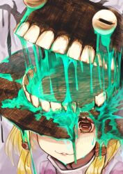1girl ai_ken blonde_hair brown_eyes commentary_request drooling hat hat_over_one_eye highres horizontal_pupils light_blush living_clothes moriya_suwako open_mouth parted_lips pyonta sidelocks slime_(substance) smile solo teeth touhou
