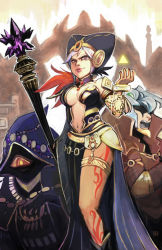 1boy 1girl asymmetrical_clothes bracelet breasts center_opening cia_(hyrule_warriors) detached_collar dress evil_smile hat hyrule_warriors jewelry large_breasts nintendo no_mask om-nom-berries sideboob smile staff tattoo the_legend_of_zelda triforce valga volga volga_(hyrule_warriors) white_hair wizzro