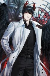 1boy absurdres belt black_belt black_hair black_pants black_shirt black_wings coat collared_shirt from_below gyo_(gyoza143gyoza) hand_in_pocket highres horns kim_dokja long_sleeves looking_at_viewer male_focus omniscient_reader&#039;s_viewpoint pants red_eyes red_horns shirt short_hair solo standing white_coat wings