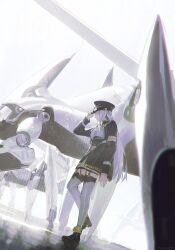 1girl 86_-eightysix- absurdres blue_jacket cropped_jacket dutch_angle garter_straps hat high-waist_skirt highres jacket mecha military military_hat military_jacket military_uniform peaked_cap robot skirt solo sorrowny standing thighhighs vladilena_millize