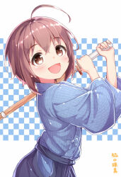 Rule 34 | 1girl, :d, ahoge, blue bow, blue kimono, blush, bow, brown eyes, brown hair, checkered background, commentary request, dot nose, from side, hair between eyes, hakama, hakama pants, hands up, holding, holding sword, holding weapon, idolmaster, idolmaster cinderella girls, japanese clothes, kimono, kuresuku (lessons), looking at viewer, looking to the side, open mouth, over shoulder, pants, polka dot, polka dot kimono, raised eyebrows, shinai, short hair, sidelocks, three-quarter sleeves, smile, solo, striped clothes, striped kimono, sword, sword over shoulder, thick eyelashes, translation request, turning head, two-handed, wakiyama tamami, weapon, weapon over shoulder, white background, wide sleeves