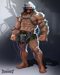 1boy abs angry bara barefoot beard biceps black_hair black_shorts clenched_teeth facial_hair fangs highres long_hair looking_at_viewer male_focus marcusartkiss marvel marvel_rivals mask muscular muscular_male navel pectorals shorts teeth torn_clothes torn_shorts wire wolverine_(x-men) x-men