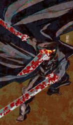 1boy black_coat black_footwear black_hat black_pants blood bloody_weapon brown_background chainsaw_man coat hat hybrid katana katana_man_(chainsaw_man) long_coat military_hat pants sakae_(cj60909002) simple_background solo sword teeth weapon