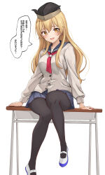 1girl amagi_(amagi626) black_hat black_pantyhose black_sailor_collar blonde_hair blue_skirt blush breasts cardigan desk earrings full_body grey_cardigan hat highres jewelry large_breasts long_hair long_sleeves looking_at_viewer matara_okina miniskirt neckerchief on_desk open_mouth pantyhose pleated_skirt red_neckerchief sailor_collar school_uniform serafuku shoes sitting skirt smile solo speech_bubble touhou translation_request white_background white_shoes yellow_eyes