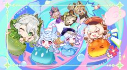 &gt;_&lt; 6+girls :d :q ;) absurdres ahoge anemo_slime_(genshin_impact) animal_ear_hood animal_ears blonde_hair blue_eyes blue_hair blush bow bowtie bracelet brown_gloves brown_hair brown_mittens bubble cabbie_hat chibi chibi_only chinchilla_ears closed_mouth coconut commentary_request copyright_name cryo_slime_(genshin_impact) dendro_slime_(genshin_impact) dori_(genshin_impact) electro_slime_(genshin_impact) fake_animal_ears finger_frame food fruit genshin_impact geo_slime_(genshin_impact) gloves gold_trim gradient_hair green_eyes green_hair gun hair_between_eyes hair_ornament hands_up hat highres holding holding_food holding_fruit holding_gun holding_weapon hood hydro_slime_(genshin_impact) jewelry jumpy_dumpty kachina_(genshin_impact) klee_(genshin_impact) kodomo_no_hi leaf_hair_ornament long_hair looking_at_viewer melusine_(genshin_impact) mittens mora_(genshin_impact) multicolored_hair multiple_girls nahida_(genshin_impact) official_art ofuda ofuda_on_head one_eye_closed open_mouth parted_lips pink_hair pointy_ears purple_eyes purple_hat pyro_slime_(genshin_impact) qingdai_guanmao qiqi_(genshin_impact) red_bow red_bowtie red_eyes red_hat sayu_(genshin_impact) side_ponytail sigewinne_(genshin_impact) slime_(genshin_impact) smile symbol-shaped_pupils tinted_eyewear tongue tongue_out weapon white_hair xd yaoyao_(genshin_impact) yellow_eyes