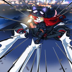 1girl :d akira_slide artist_request blue_jacket bonneville_(neural_cloud) cat_helmet chibi chibi_only chinese_commentary emphasis_lines girls&#039;_frontline girls&#039;_frontline_neural_cloud hair_over_one_eye highres jacket motor_vehicle motorcycle official_art open_mouth red_hair second-party_source smile solo yellow_eyes