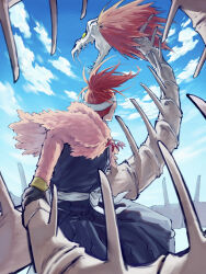 1boy abarai_renji bankai black_gloves black_hakama black_kimono bleach blue_sky bone cloud facing_away fangs gloves hakama headband hhjr_3me high_ponytail highres hihiou_zabimaru_(bankai) holding holding_weapon japanese_clothes kimono male_focus ponytail red_hair sash sharp_teeth shihakusho skull sky snake teeth weapon white_sash yellow_eyes