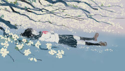 1girl absurdres bangqiao_yan black_hair black_sailor_collar black_skirt black_socks brown_shoes cherry_blossoms closed_eyes closed_mouth full_body highres kneehighs long_sleeves lying medium_hair neckerchief on_back original outdoors own_hands_together petals pleated_skirt red_neckerchief sailor_collar school_uniform serafuku shirt shoes skirt socks solo tree white_shirt