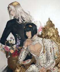 2boys bare_pectorals black_hair bob_cut bruno_bucciarati bussiarati formal_clothes highres jojo_no_kimyou_na_bouken leone_abbacchio long_hair long_sleeves multiple_boys pectorals purple_lips sitting suit white_hair zipper zipper_pull_tab