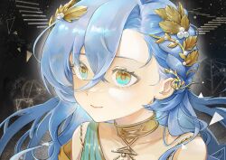 1girl 37_(reverse:1999) absurdres bare_shoulders black_background blue_eyes blue_hair collarbone floating_stairs geometry gold_choker hair_between_eyes highres laurel_crown long_hair math portrait qiucaotou reverse:1999 solo very_long_hair