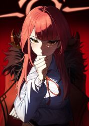 1girl absurdres aru_(blue_archive) black_background blue_archive coat commentary_request demon_horns dress_shirt fur_trim gradient_background halo hand_on_own_chin highres horns long_hair moving_gun pink_hair red_background ribbon shadow shirt solo upper_body white_shirt