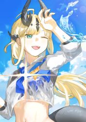1girl ;d ahoge aqua_eyes arknights arm_up black_horns black_tail blonde_hair blue_neckerchief commentary_request crop_top cropped_shirt day diffraction_spikes horns lens_flare long_hair looking_to_the_side navel neckerchief one_eye_closed open_mouth outdoors reed_(arknights) reed_the_flame_shadow_(arknights) reed_the_flame_shadow_(summer_flower)_(arknights) screen9775 shirt smile solo splashing sunlight tail teeth turning_head upper_body upper_teeth_only water white_shirt