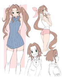 1girl aerith_gainsborough alternate_costume alternate_hairstyle arms_behind_back ass bare_arms bervens12 blush breasts brown_hair choker closed_mouth feet_out_of_frame final_fantasy final_fantasy_vii final_fantasy_vii_remake flower_choker green_eyes grin hair_ribbon highres long_shirt looking_at_viewer medium_breasts own_hands_together parted_bangs pink_background pink_ribbon pink_shorts ribbon short_hair short_shorts short_sleeves shorts sidelocks sleeveless sleeveless_turtleneck smile solo tank_top teeth thighhighs turtleneck twintails white_background white_tank_top white_thighhighs