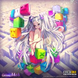 1girl cube destiny_child hair_ornament hugging_own_legs knees_up long_hair moa_(destiny_child) nude purple_eyes rubik&#039;s_cube silver_hair sitting twintails