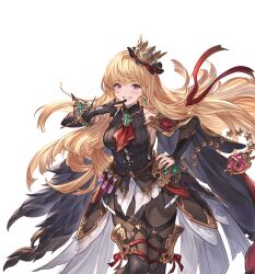 1girl aged_up asymmetrical_gloves blonde_hair breasts cagliostro_(granblue_fantasy) crown earrings gloves granblue_fantasy hand_on_own_hip jewelry large_breasts long_hair looking_at_viewer official_art purple_eyes simple_background single_earring sleeveless smile teeth