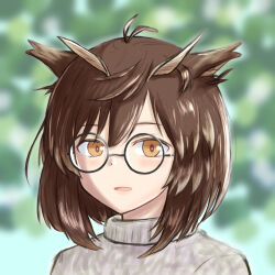 1girl arknights black-framed_eyewear blurry blurry_background blush brown_hair commentary_request glasses grey_sweater hair_between_eyes highres looking_at_viewer open_mouth partial_commentary portrait round_eyewear short_hair silence_(arknights) sketch smile solo sweater turtleneck turtleneck_sweater yellow_eyes yudoufu_(bioyudoufu)