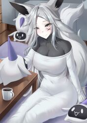 1girl animal_ears blush breasts closed_mouth commentary commission cotton_noir couch covered_navel cup dress dyarikku_(vtuber) english_commentary grey_eyes grey_hair highres indie_virtual_youtuber indoors large_breasts long_hair long_sleeves rug sitting smile solo table tail virtual_youtuber white_dress wooden_floor