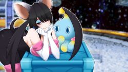 1girl ;) alternate_costume animal_ears ass bare_shoulders bat_ears bat_wings bent_over black_bodysuit black_hair bodysuit chao_(sonic) cosplay elbow_gloves eyeshadow gloves hands_up highres hololive hololive_english long_hair looking_at_viewer makeup mole mole_under_eye nerissa_ravencroft one_eye_closed purple_eyes rouge_the_bat rouge_the_bat_(cosplay) seityr smile sonic_(series) strapless_bodysuit tail virtual_youtuber white_gloves wings