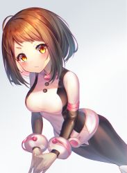Rule 34 | 1girl, blush, bodysuit, boku no hero academia, breasts, brown eyes, brown hair, commentary request, female focus, large breasts, long sleeves, looking at viewer, medium breasts, merryj, short hair, sidelocks, simple background, solo, uraraka ochako, wavy mouth, white background