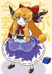 1girl absurdres blunt_bangs blush_stickers bow bowtie brown_horns brown_shoes closed_mouth commentary_request cube full_body hair_bow highres horn_bow horn_ornament horns ibuki_suika kurohiba loafers looking_at_viewer orange_eyes orange_hair orb purple_bow purple_skirt pyramid_(geometry) red_bow red_bowtie ribbon-trimmed_skirt ribbon_trim shirt shoes sidelocks skirt sleeveless sleeveless_shirt smile solo touhou v-shaped_eyebrows white_shirt wrist_cuffs yellow_background