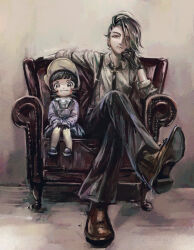 Rule 34 | 2girls, ahoge, black gloves, black necktie, black pants, blunt bangs, blush stickers, bonnet, bright pupils, brown footwear, chair, closed mouth, collared shirt, commentary request, crossed legs, dress shoes, ear piercing, eyelashes, flat chest, formal clothes, frown, full body, gloves, grin, hand up, hands on own knees, huge ahoge, jewelry, katahara (no 108105), long sleeves, multiple girls, necklace, necktie, nintendo, pants, pantyhose, piercing, pokemon, pokemon sv, poppy (pokemon), purple footwear, red eyes, reverse trap, rika (pokemon), shared chair, shirt, short hair, sitting, sleeves rolled up, smile, suspenders, white pupils, white shirt, yellow pantyhose