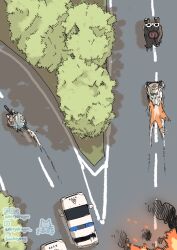 ._. 3girls bicycle blue_archive car chasing commentary english_commentary fast_&amp;_furious fast_&amp;_furious fire from_above furious_7 halo highres himari_(blue_archive) instagram_username motion_lines motor_vehicle multiple_girls official_alternate_costume outdoors parody police_car riding rio_(blue_archive) road running shiroko_(blue_archive) shiroko_(cycling)_(blue_archive) tears the_fast_and_the_furious the_last_ride_(furious_7) twitter_username vehicle_chase watermark wheelchair whitydragon