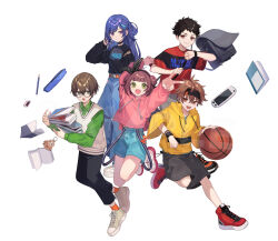 &gt;:) 2girls 3boys :d :o :| arm_up backpack bag baggy_pants ball basketball_(object) belt black_choker black_hair black_hairband black_headband black_pants black_shirt black_shorts blue_hair blue_pants blue_shirt blue_shorts blunt_bangs book book_stack bow_hairband brown_hair charm_(object) choker closed_mouth collared_shirt crossed_bangs dai_pinchi!_kaiketsu_club double_bun drawstring dropping eraser expressionless fang fishnet_sleeves fishnets full_body glasses green_eyes green_shirt grey_shorts hair_between_eyes hair_bun hair_ornament hair_rings hairband hairclip hand_in_own_hair hand_up handheld_game_console headband high_tops holding holding_ball holding_book hood hood_down hooded_jacket hoodie jacket jumping long_hair long_sleeves looking_at_viewer multiple_boys multiple_girls notebook official_art open_book open_mouth orange_belt orange_eyes orange_shoes orange_socks pants pencil pencil_case pink_hoodie platform_footwear print_shirt purple_eyes purple_hair randoseru red_eyes red_footwear red_shirt round_eyewear running sample_watermark shirt shoes short_bangs short_hair short_sleeves shorts shoulder_bag shugao sideways_glance simple_background smile sneakers socks standing sweater_vest swept_bangs t-shirt teeth two-tone_shirt upper_teeth_only v v-shaped_eyebrows watch watermark white_footwear white_sweater_vest wristband wristwatch yellow_jacket