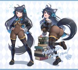 1girl :3 absurdres ahoge animal_ear_fluff animal_ears argyle_background argyle_clothes argyle_thighhighs artist_name ass black_hair black_shrug blush bodystocking bodysuit breasts brown_bodysuit chest_belt commentary_request commission covered_navel full_body gold_trim gonzarez hair_ribbon hands_on_own_hips highres long_hair long_sleeves looking_at_viewer multiple_views open_mouth red_eyes ribbon second-party_source shrug_(clothing) signature skeb_commission small_breasts smile standing svartlilja_(vrchat) tail thank_you vrchat wolf_ears wolf_girl wolf_tail