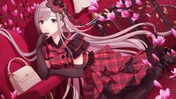 Rule 34 | 1girl, bag, branch, chair, dress, elbow gloves, flower, game cg, gloves, grey hair, hair ornament, handbag, high heels, idolmaster, idolmaster shiny colors, kneeling, lamp, official art, pantyhose, plaid clothes, plaid dress, purple eyes, red dress, solo, table, yukoku kiriko