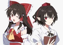 absurdres alternate_costume ascot black_ribbon book bow collared_shirt crop_top detached_sleeves dot_nose frilled_bow frilled_hair_tubes frills hair_between_eyes hair_bow hair_tubes hakurei_reimu hat highres holding holding_book long_bangs long_hair looking_at_viewer open_mouth pointy_ears red_bow red_eyes ribbon ribbon-trimmed_sleeves ribbon_trim shameimaru_aya shirt short_hair sidelocks simple_background tengu tokin_hat touhou uehara_suiyo white_background white_shirt yellow_ascot